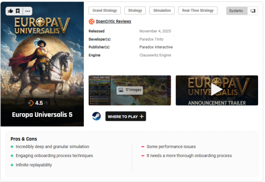 《欧陆风云5》在M站获得85分的平均评分！IGN给出8分好评并表示其未来值得期待