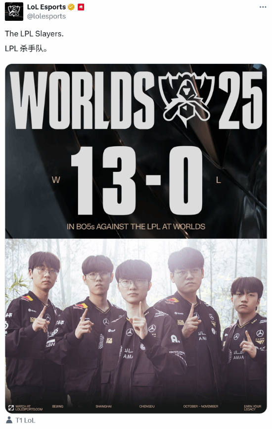 《英雄联盟》官方推特发布T1以13:0战绩击败LPL的内容，“Faker严父梗”连国外网友都十分熟悉