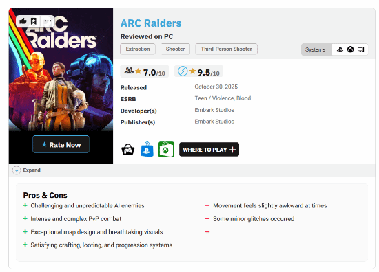 突然爆火的新作《ARCRaiders》获外媒接近满分好评，或成引领新潮流之作