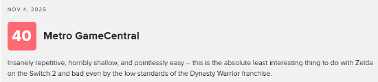 外媒为《塞尔达无双：封印战记》打出4分评价，该分数成为M站最低分，且是唯一的媒体差评