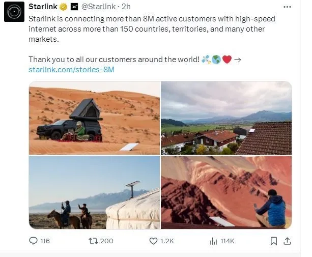 马斯克旗下“星链”全球用户数已超800万日均新增用户达14250个