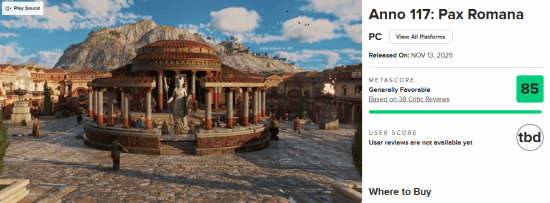 《纪元117：罗马和平》M站评分85分：罗马城市建造令人沉浸游戏玩法富有深度