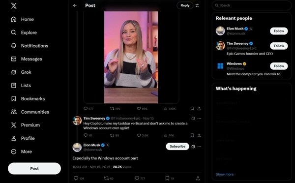 Epic首席执行官痛斥Win11：任务栏无法自定义位置、账户登录强制要求！马斯克发声力挺