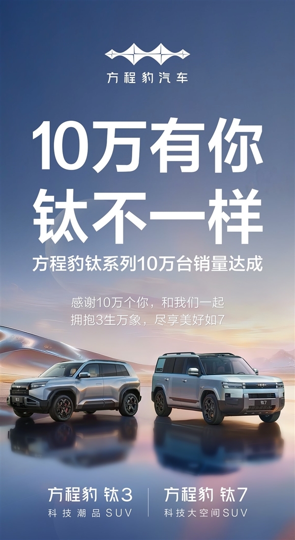 比亚迪方程豹钛系列销量突破10万,钛7单月热销超2万辆