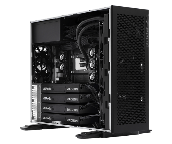 华擎工作站搭载四张AMDR970032GB专业显卡，与Zen5/4撕裂者芯片组搭档