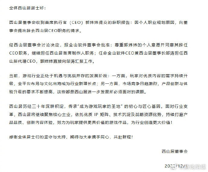 郭炜炜不再担任西山居CEO一职或与《解限机》表现未达预期有关