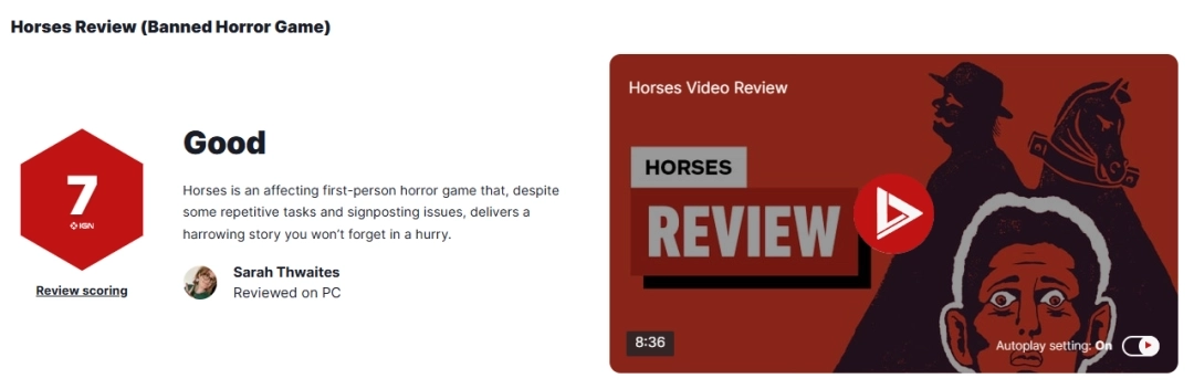 被两大平台下架的恐怖新作《Horses》获IGN7分评价：氛围压抑却极具冲击力！