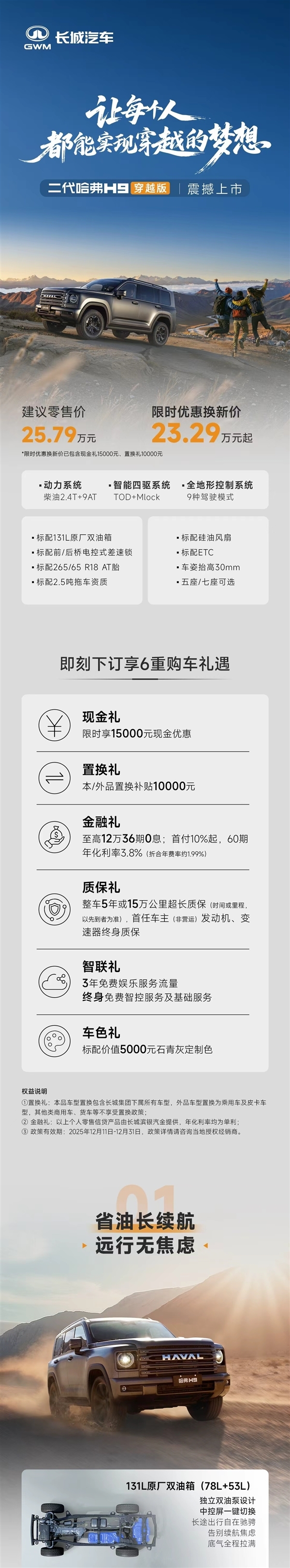 自带AT轮胎、涉水深度达800毫米！哈弗H9穿越版正式上市，限时售价23.29万元