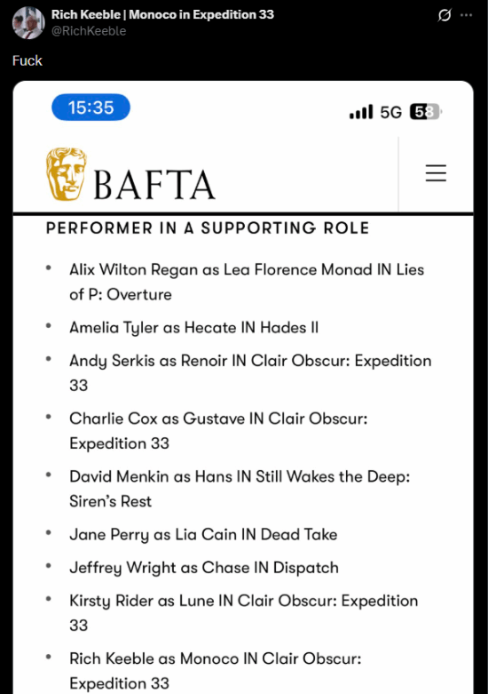 《光与影：33号远征队》剧组演员爆粗口！意外和知名影星共同入围提名