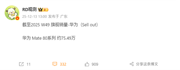 华为在中国市场的份额再次登顶！Mate80系列的销量已达到75.49万部[图]