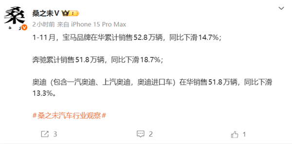 国人选购豪车时BBA不再是首选！奔驰、宝马、奥迪在华销量集体下滑