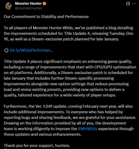 《怪物猎人：荒野》的性能优化引玩家嘲讽：人都快跑光了还搞分段优化？