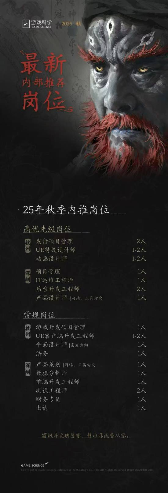 游戏科学开启内推招聘啦！此次放出的岗位列表覆盖多个不同职位