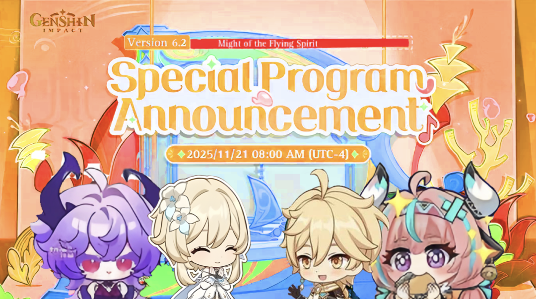 原神：6.2版本前瞻信息已确认！可兑换300原石的兑换码即将发放！6.3版本将赠送二十连抽与四星角色自选机会，少女角色进入卡池的消息也已敲定！艾莉丝的上线时间则推迟至冬季！