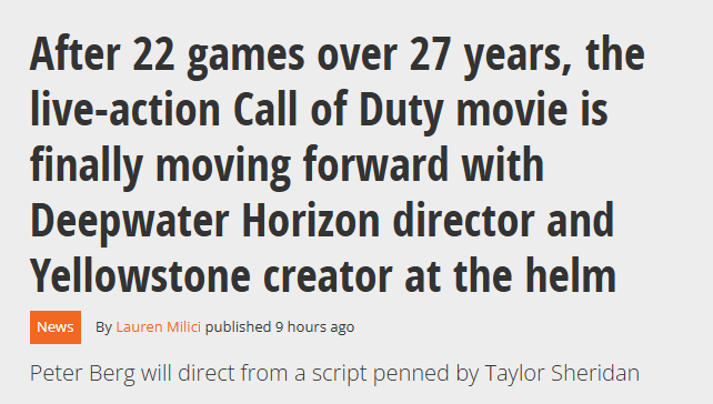 等待27年后，《使命召唤》真人电影的拍摄计划总算提上日程了