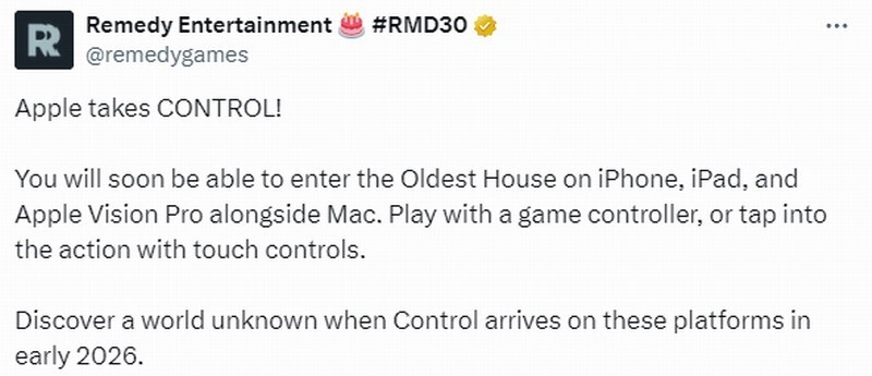 游戏《控制》计划在2026年年初登陆苹果平台，玩家可通过触控操作进行游玩