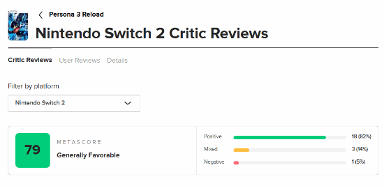 《女神异闻录3重制版》NS2版本M站评分79分，堪称NS2平台不可错过的佳作！