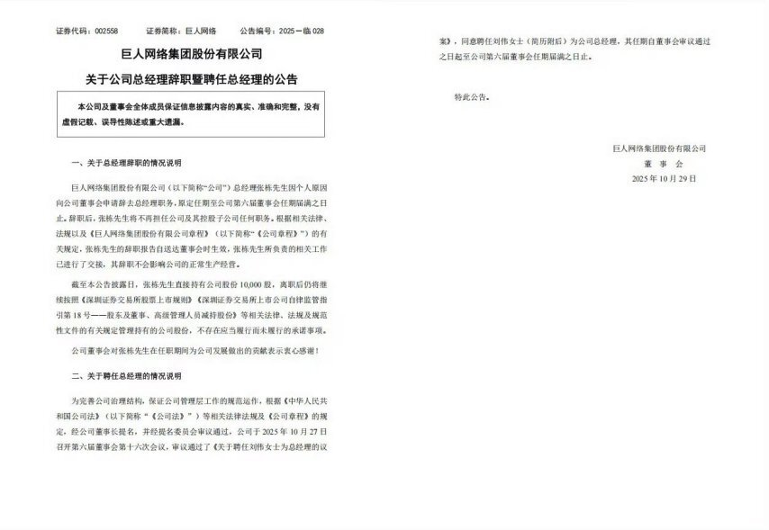 巨人网络高层人事调整：张栋离任，刘伟重新担任CEO