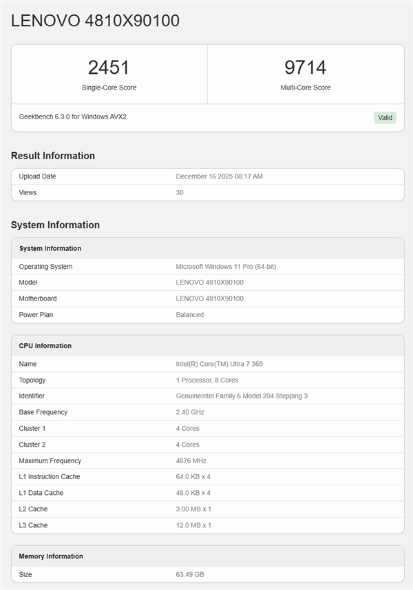 Intel最新酷睿Ultra7365规格曝光：性能表现意外不及前代Ultra7268V！