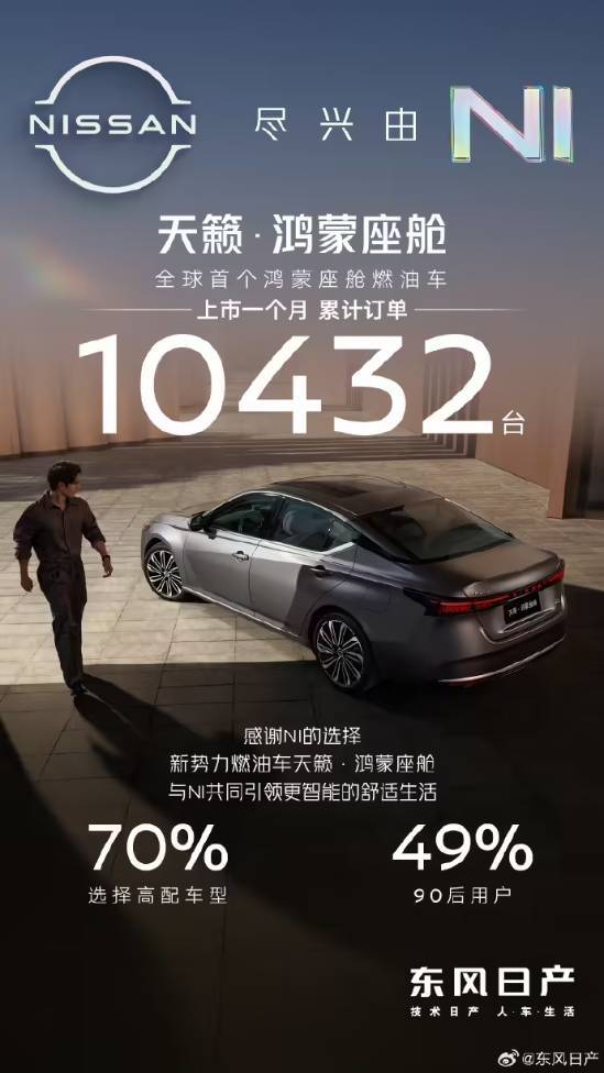 东风日产天籁搭载全球首个鸿蒙座舱燃油车，首月订单量突破万辆