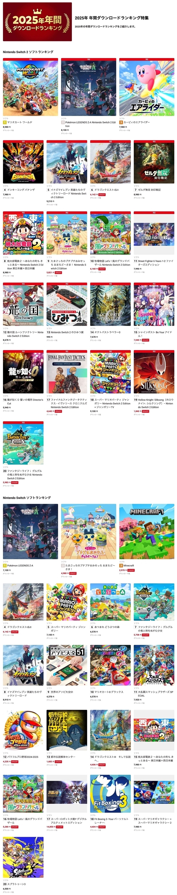 Switch2平台2025年游戏下载榜单正式公布：榜首归属毫无悬念