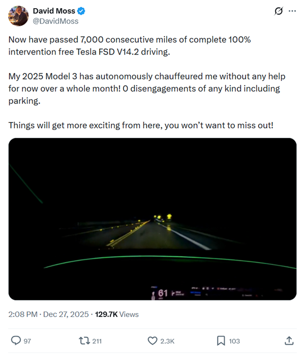 海外特斯拉车主实测FSD达成真自动驾驶：连续行驶7000英里全程无需人工接管