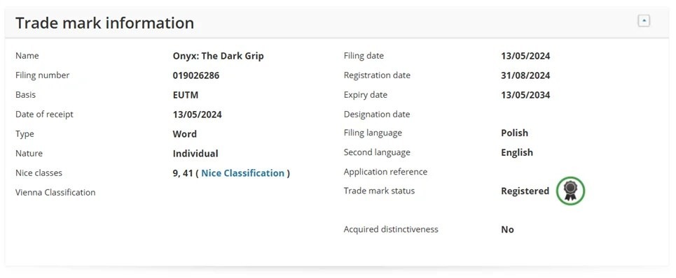 BlooberTeam公司已提交名为“OnyxTheDarkGrip”的新商标注册申请