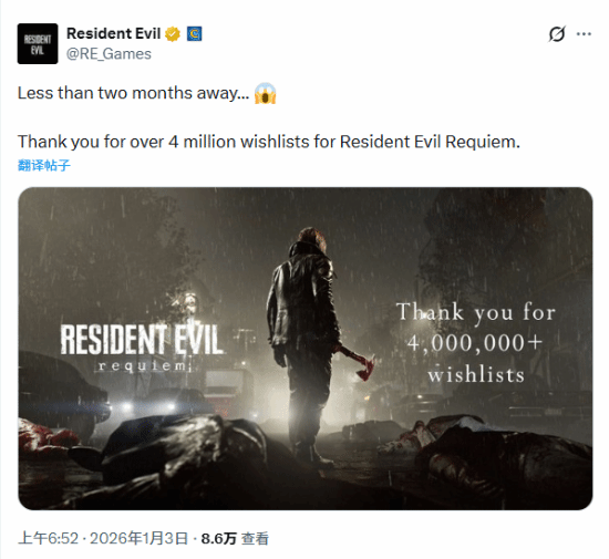 《生化危机9：安魂曲》愿望单量突破400万大关！里昂持消防斧现身庆祝