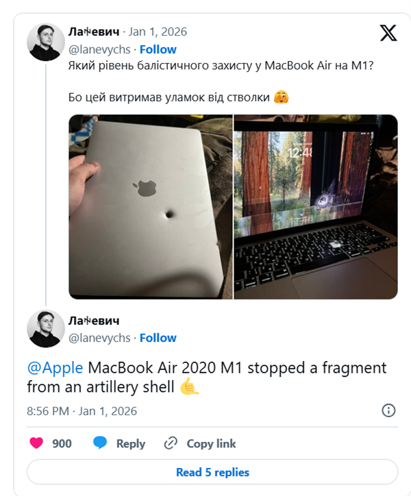 苹果真的救了我！乌克兰一名士兵随身携带的MacBookAir被炮弹碎片击中后，竟然还能正常使用