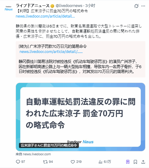 时速185公里的代价：广末凉子因高速事故被处以70万罚款