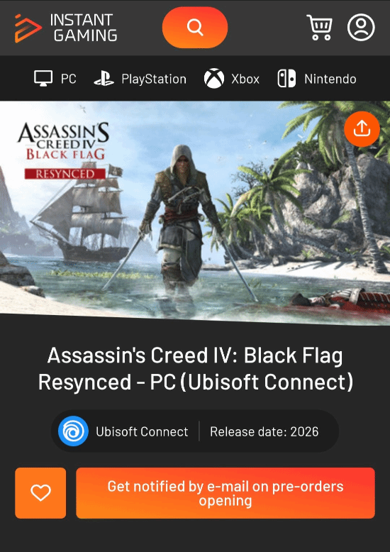 游戏店上架《刺客信条4：黑旗》重制版宣布2026年推出