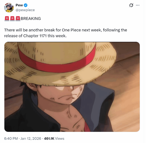 《海贼王》漫画在1171话更新后将再次进入休刊期，此次休刊的原因与作者尾田荣一郎本人相关