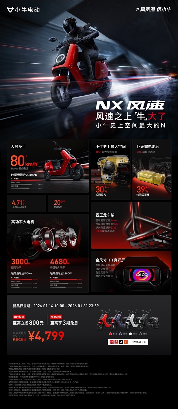 小牛NX风速新品正式发布，3000W电机加持下极速可达80km/h，起售价4799元