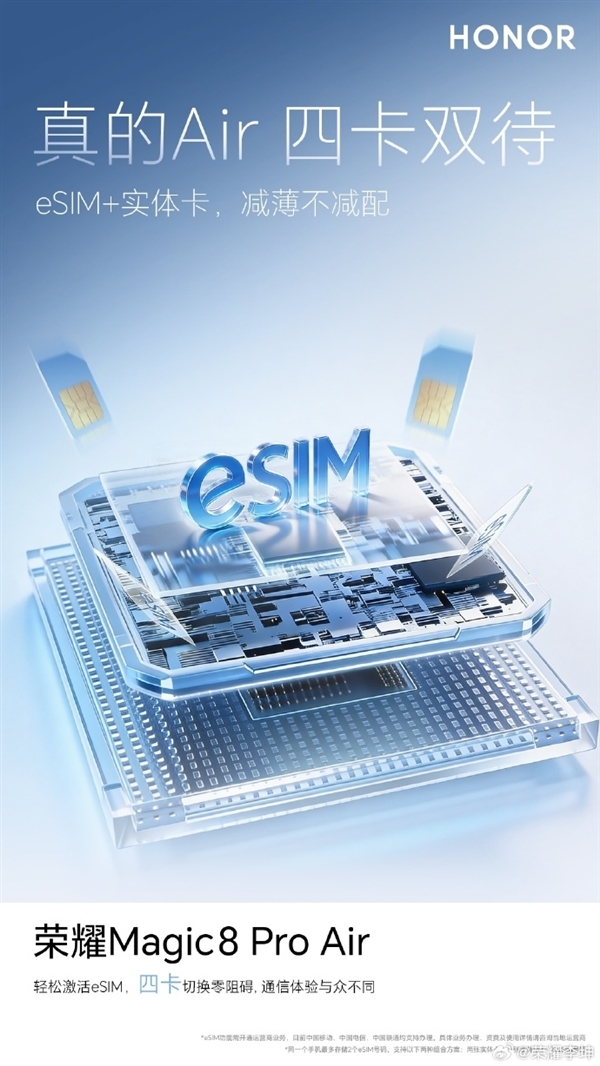 荣耀Magic8ProAir机身变薄配置不缩水，支持eSIM与实体SIM卡，实现四卡双待功能