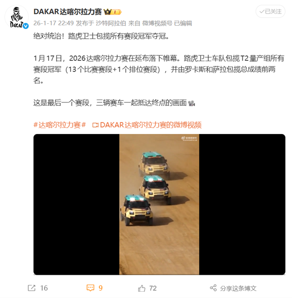 真正的越野王者！路虎卫士在达喀尔拉力赛中豪取全部赛段冠军，成功登顶